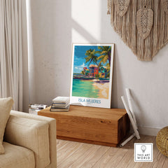 Isla Mujeres Beach Poster - Mexico Colorful Cabana Art Print - Tropical Wall Decor in a stylish interior setting.