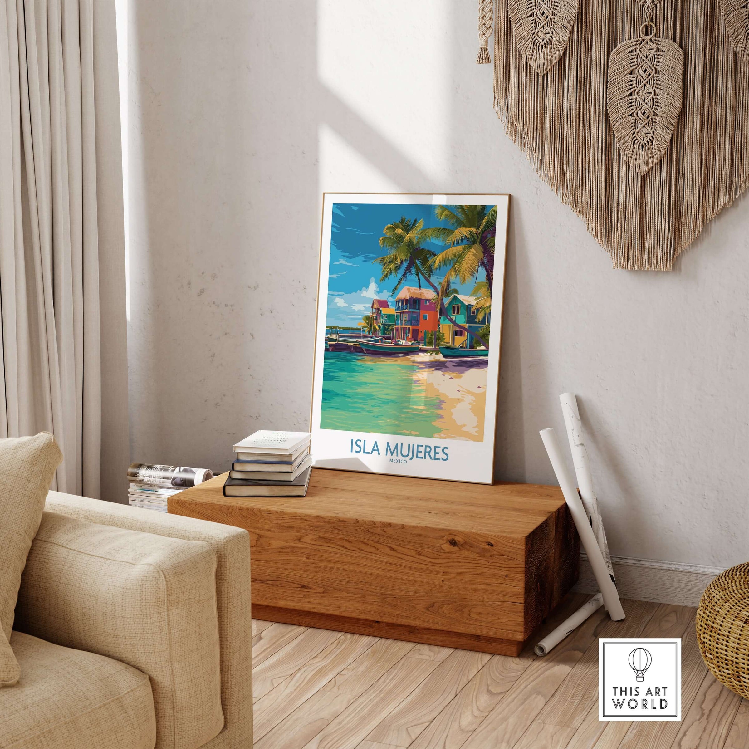 Isla Mujeres Beach Poster - Mexico Colorful Cabana Art Print - Tropical Wall Decor in a stylish interior setting.