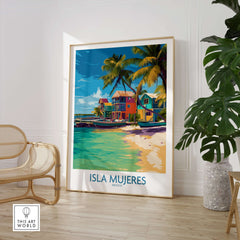 Isla Mujeres Beach Poster - Mexico Colorful Cabana Art Print - Tropical Wall Decor showcased in a bright interior.