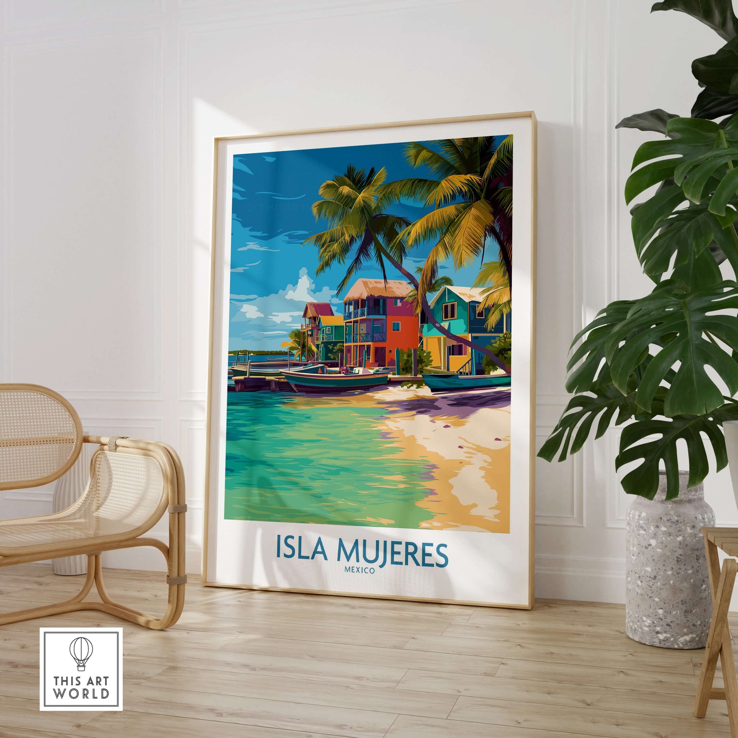 Isla Mujeres Beach Poster - Mexico Colorful Cabana Art Print - Tropical Wall Decor showcased in a bright interior.