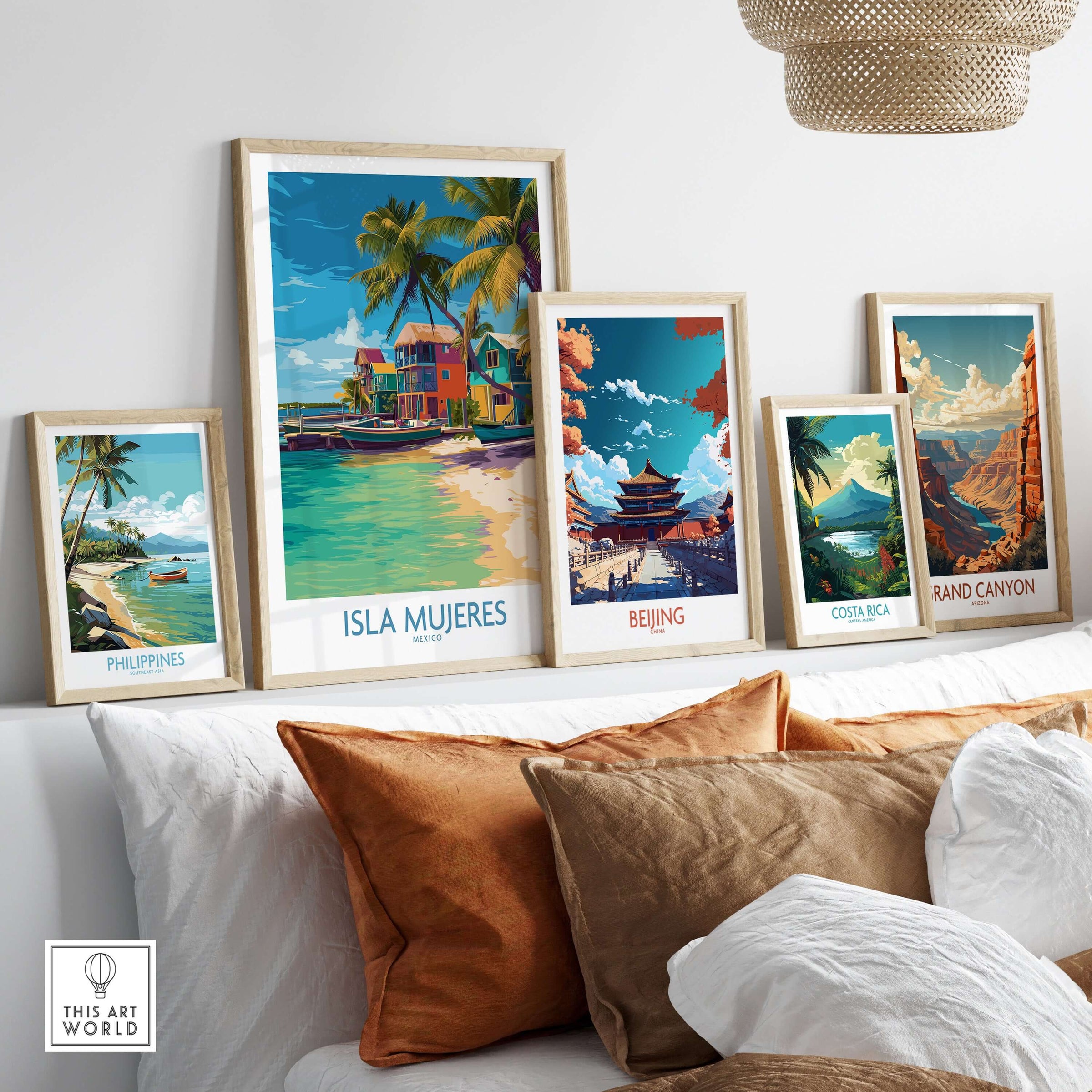 Isla Mujeres Beach Poster - Mexico Colorful Cabana Art Print - Tropical Wall Decor displayed among other art prints.