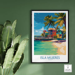 Isla Mujeres Beach Poster - Mexico Colorful Cabana Art Print - Tropical Wall Decor displayed in a stylish frame on a wall.