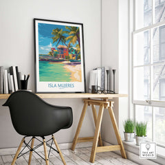 Isla Mujeres Beach Poster - Mexico Colorful Cabana Art Print - Tropical Wall Decor in a stylish workspace.