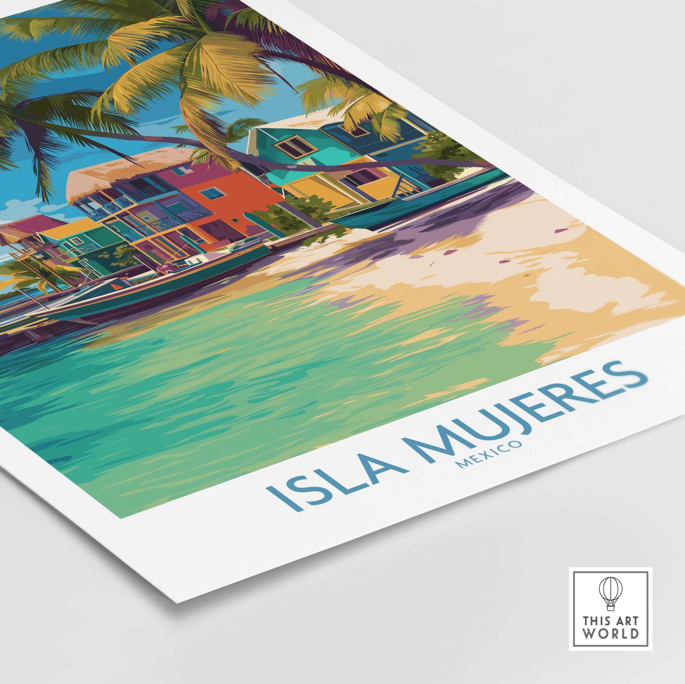 Isla Mujeres Beach Poster - Mexico Colorful Cabana Art Print - Tropical Wall Decor featuring vibrant cabanas and palm trees.