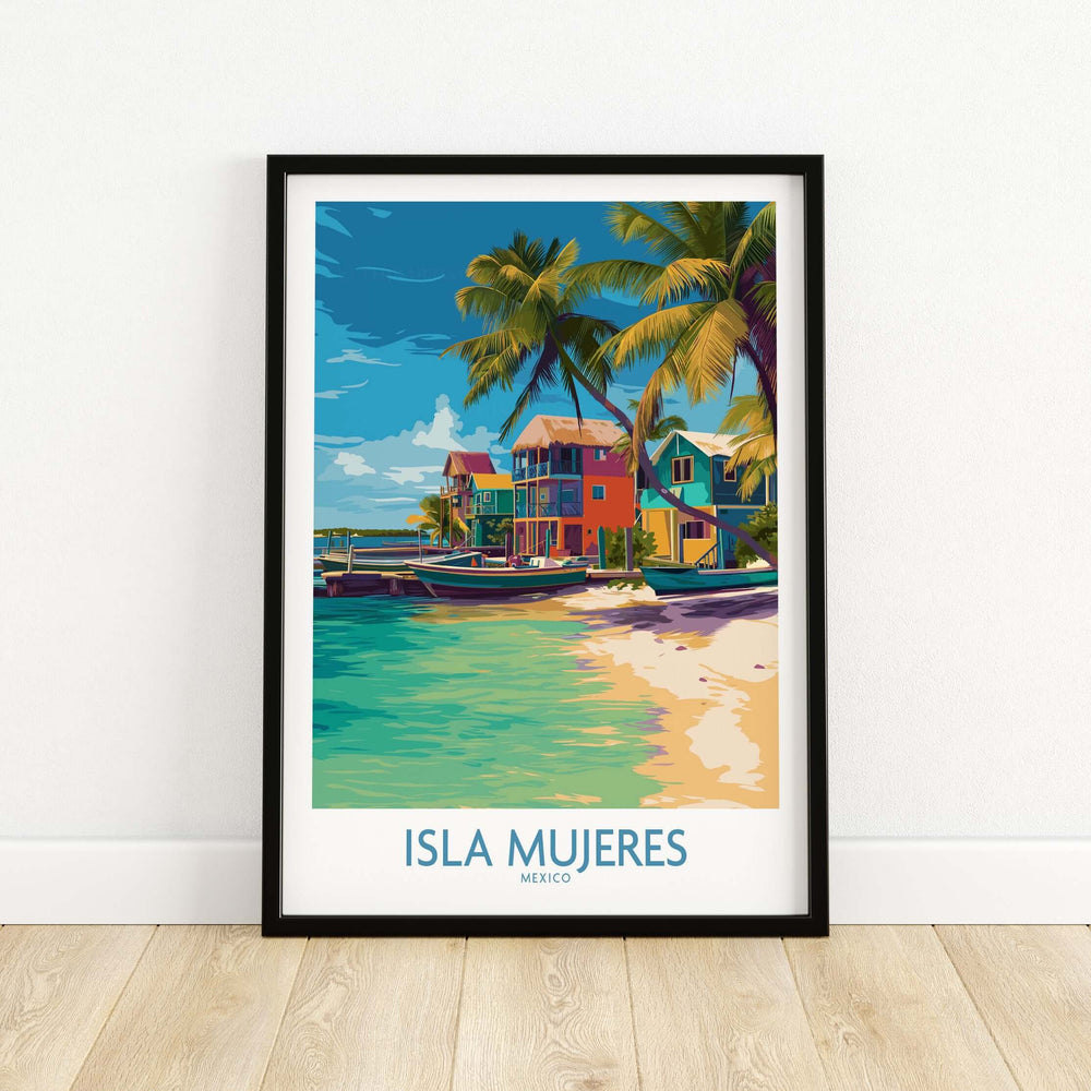 Isla Mujeres beach poster featuring colorful cabanas and palm trees, tropical wall decor for vibrant living spaces.