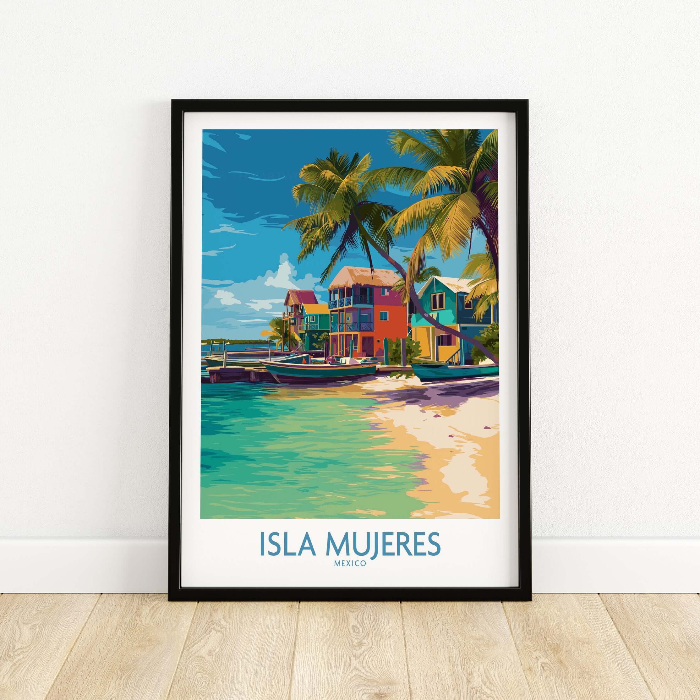 Isla Mujeres Beach Poster - Mexico Colorful Cabana Art Print - Tropical Wall Decor featuring vibrant cabanas and palm trees.