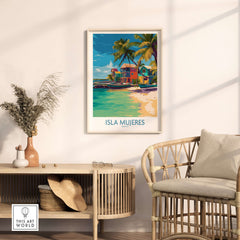 Isla Mujeres Beach Poster - Mexico Colorful Cabana Art Print - Tropical Wall Decor in a modern interiors.