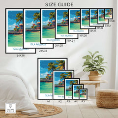 Isla Mujeres Beach Poster - Mexico Colorful Cabana Art Print - Tropical Wall Decor Size Guide for Various Framed Options