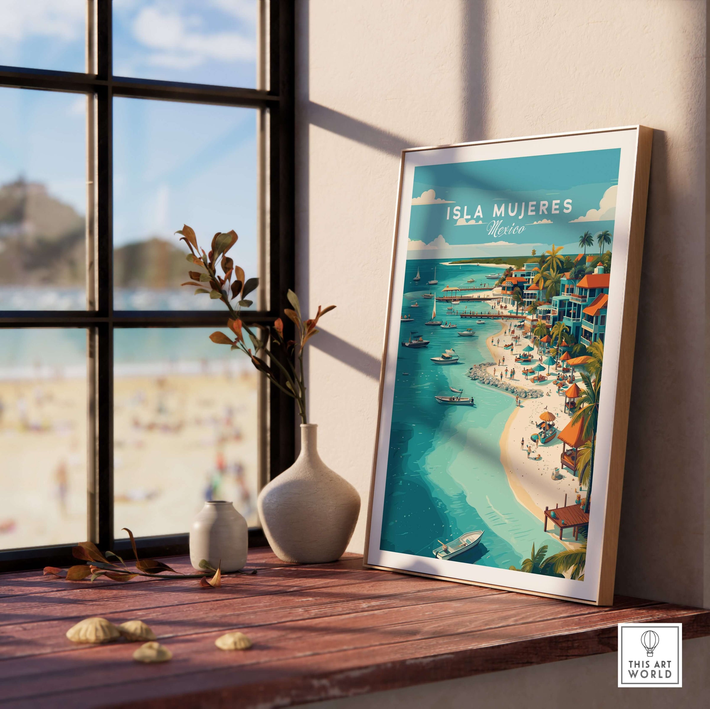 Isla Mujeres Beach Scene Poster - Mexico Tropical Wall Decor framed on a table near a window showcasing a vibrant coastal view.
