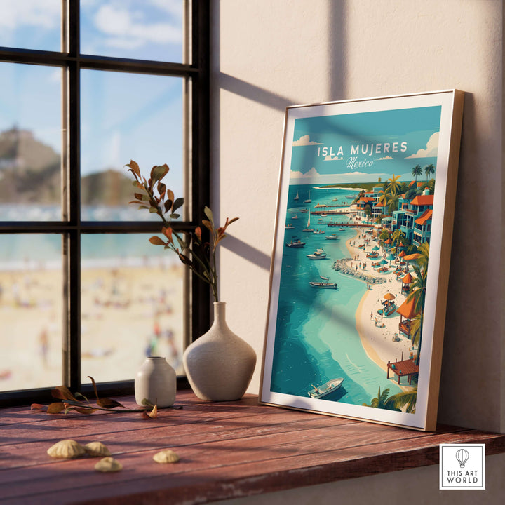 Isla Mujeres beach scene poster framed on a table, showcasing vibrant colors of Mexico's tropical coastline.