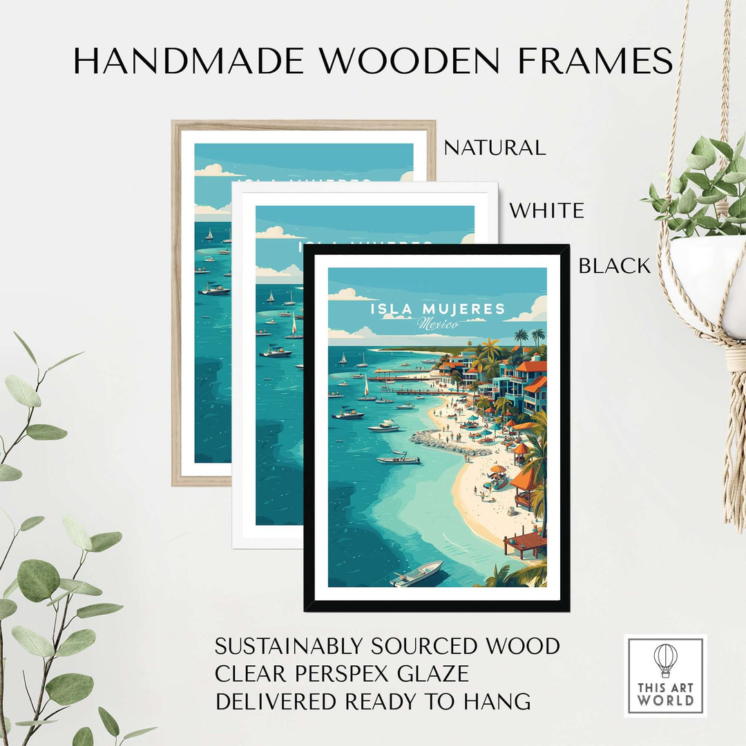 Three handmade wooden frames in natural, white, and black showcasing Isla Mujeres beach scene poster.