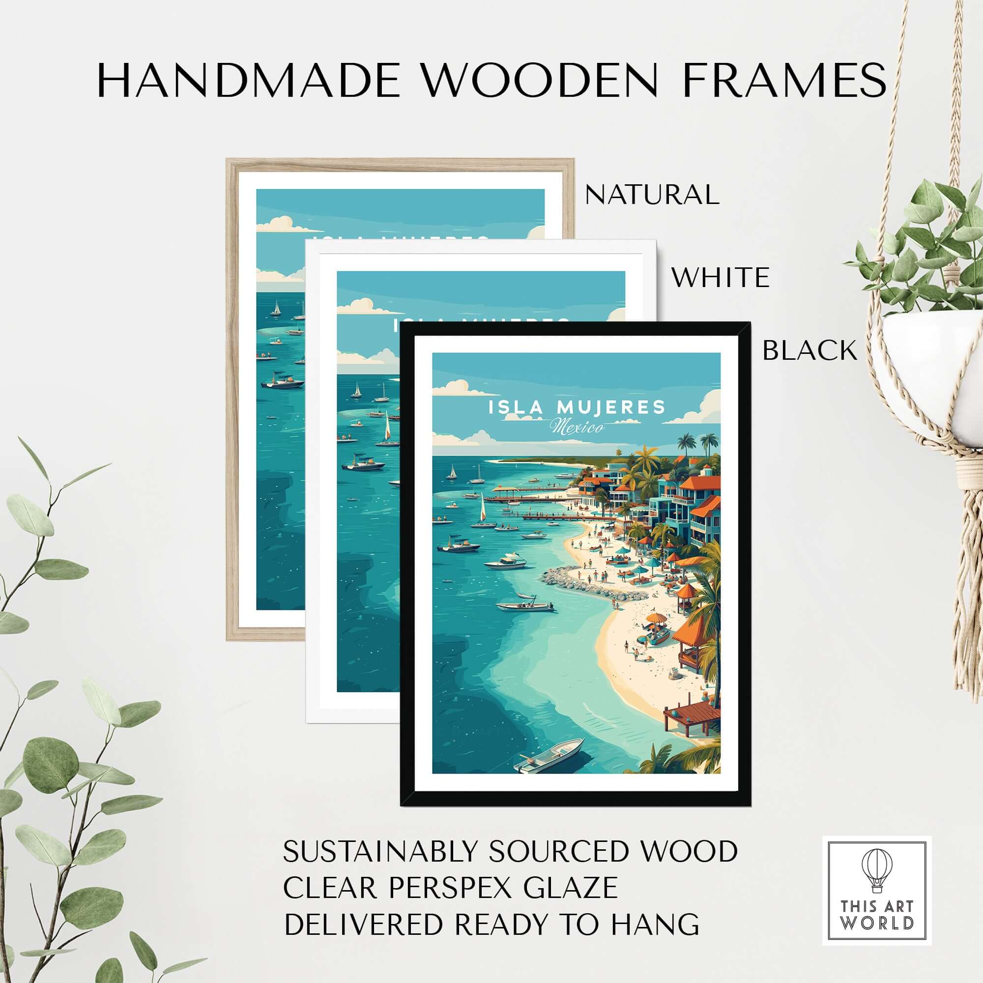 Isla Mujeres Beach Scene Poster - Mexico Tropical Wall Decor framed in natural, white, and black handmade wooden frames.