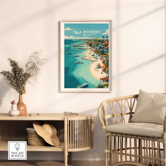 Isla Mujeres Beach Scene Poster - Mexico Tropical Wall Decor hung in a modern living room showcasing vibrant beach colors.
