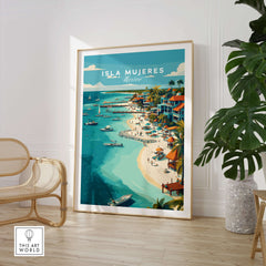 Isla Mujeres Beach Scene Poster - Mexico Tropical Wall Decor displayed in a stylish interior with a plant and modern furniture.