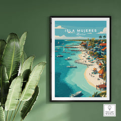 Isla Mujeres Beach Scene Poster - Mexico Tropical Wall Decor featuring a vibrant beach view and palm trees.