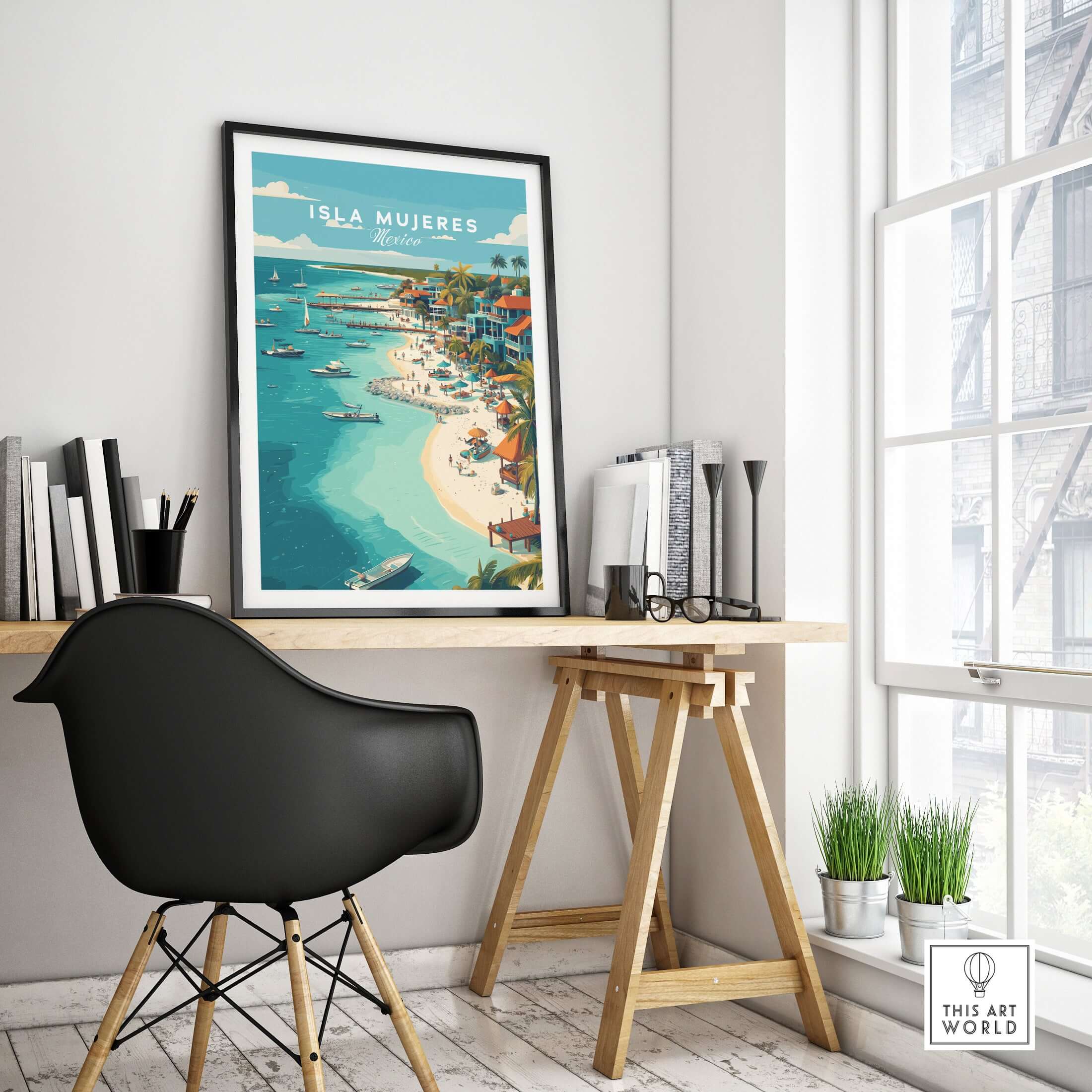 Isla Mujeres Beach Scene Poster - Mexico Tropical Wall Decor displayed in a stylish home office setting.