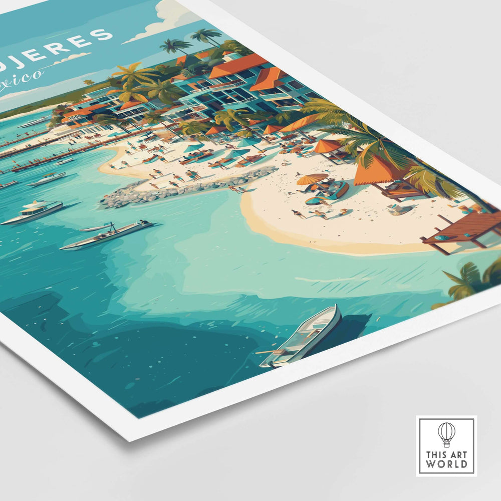 Isla Mujeres beach scene poster showcasing tropical paradise in Mexico with boats and vibrant waterfront life.