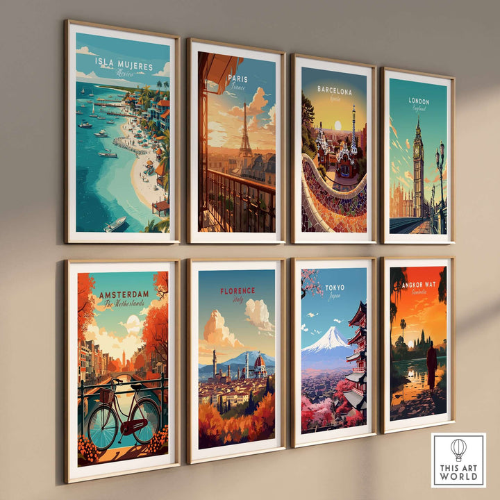 Isla Mujeres beach scene poster alongside various city landscape posters in a stylish home decor setting.