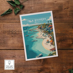 Isla Mujeres Beach Scene Poster - Mexico Tropical Wall Decor featuring vibrant beach and tropical scenery.