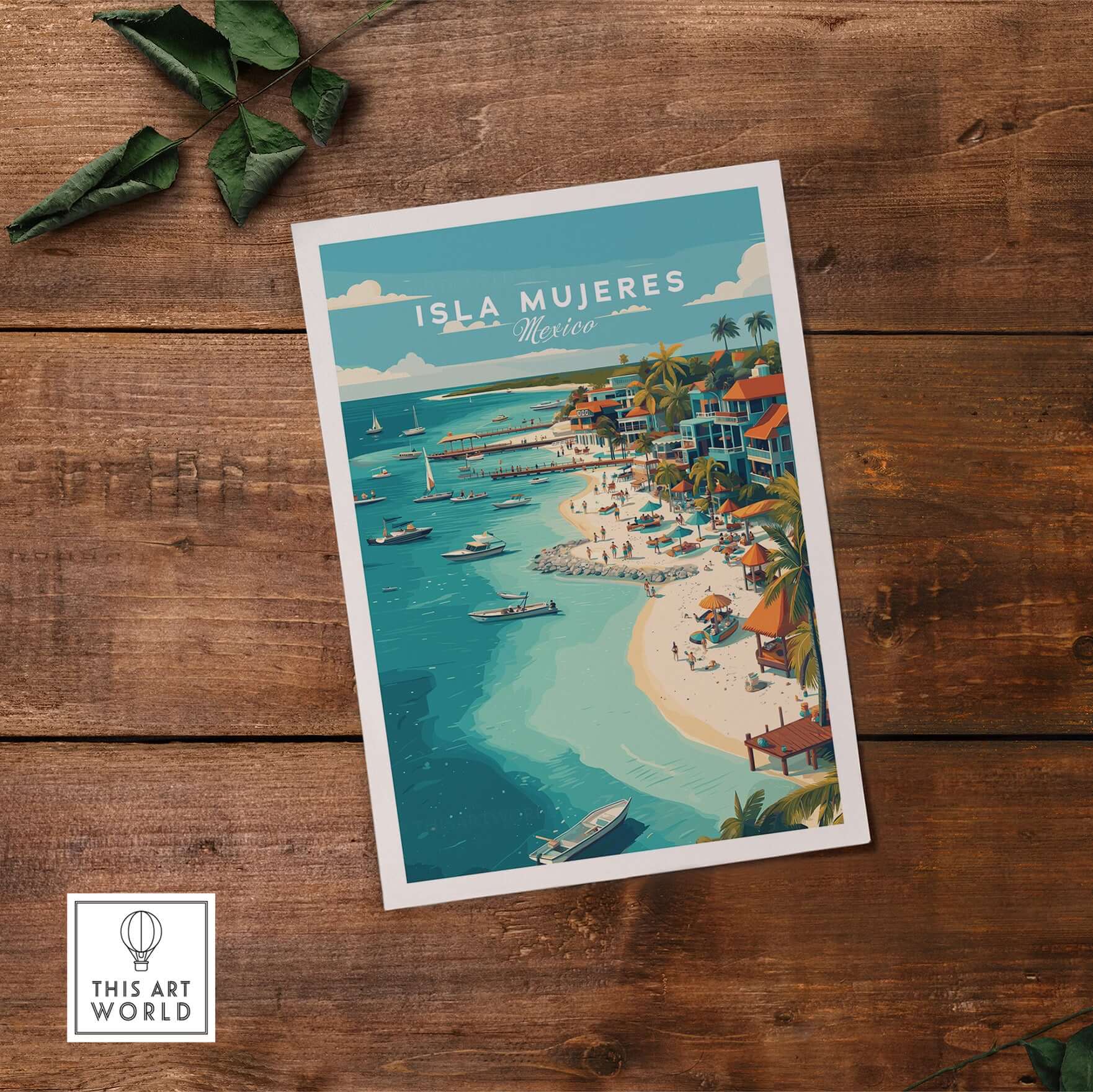 Isla Mujeres Beach Scene Poster - Mexico Tropical Wall Decor featuring vibrant beach and tropical scenery.