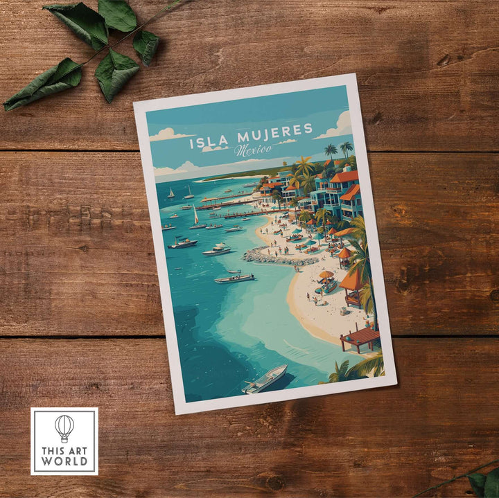 Isla Mujeres beach scene poster showcasing tropical Mexico's vibrant coastline and serene waters.