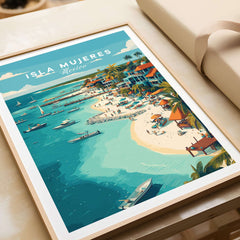 Isla Mujeres Beach Scene Poster - Mexico Tropical Wall Decor showcasing vibrant beach views and palm trees.