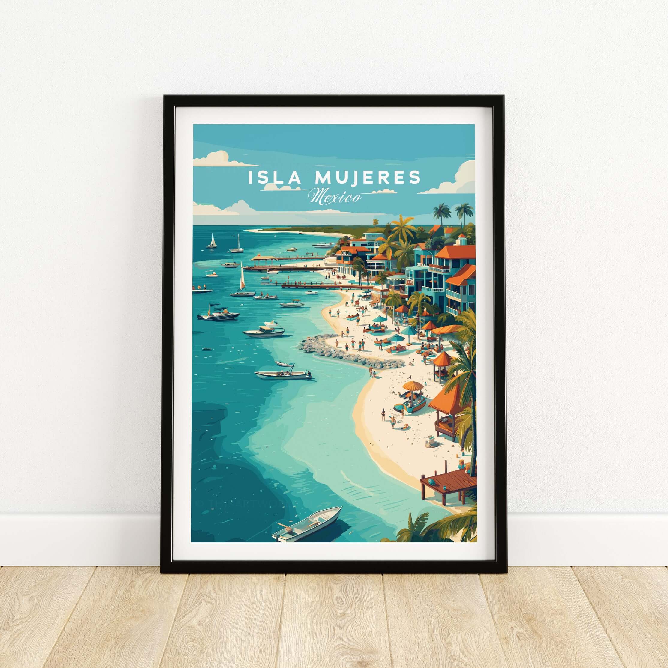 Isla Mujeres Beach Scene Poster - Mexico Tropical Wall Decor featuring vibrant beaches and palm trees in a serene coastal setting.