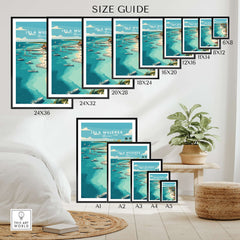 Isla Mujeres Beach Scene Poster - Mexico Tropical Wall Decor size guide with framed options displayed.