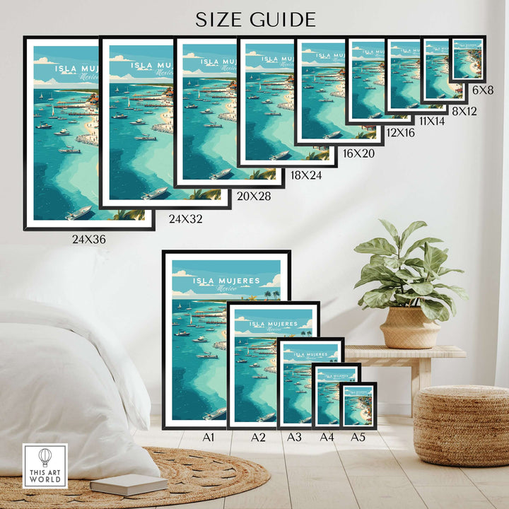 Size guide for Isla Mujeres beach scene poster, showcasing various frame sizes against a stylish interior.