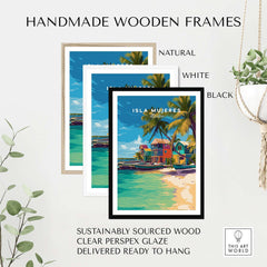 Isla Mujeres Travel Print - Mexico Beach Wall Art displayed in handmade wooden frames in natural, white, and black colors.
