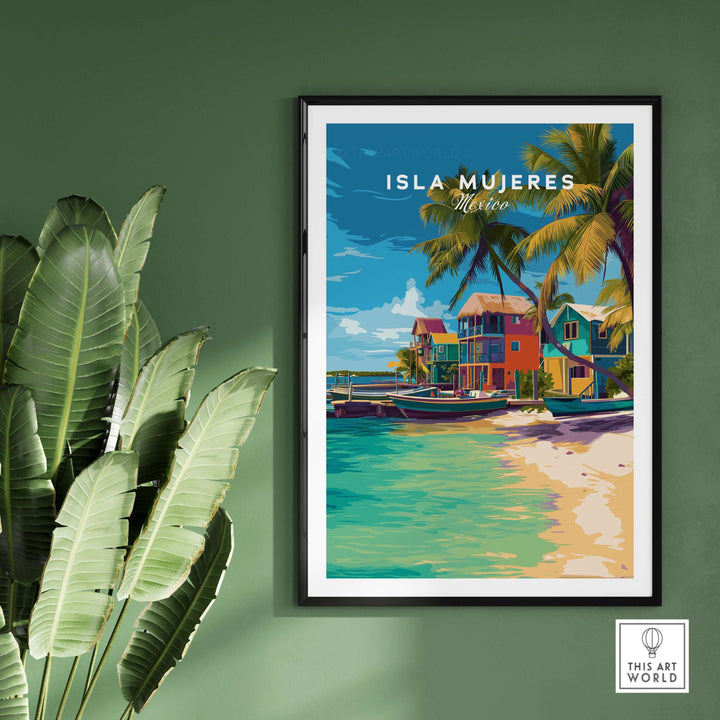 Isla Mujeres travel print showcasing vibrant beach houses and palm trees, perfect Mexico wall art for coastal decor.