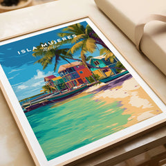 Isla Mujeres Travel Print - Mexico Beach Wall Art featuring vibrant beach scene with palm trees and colorful houses.