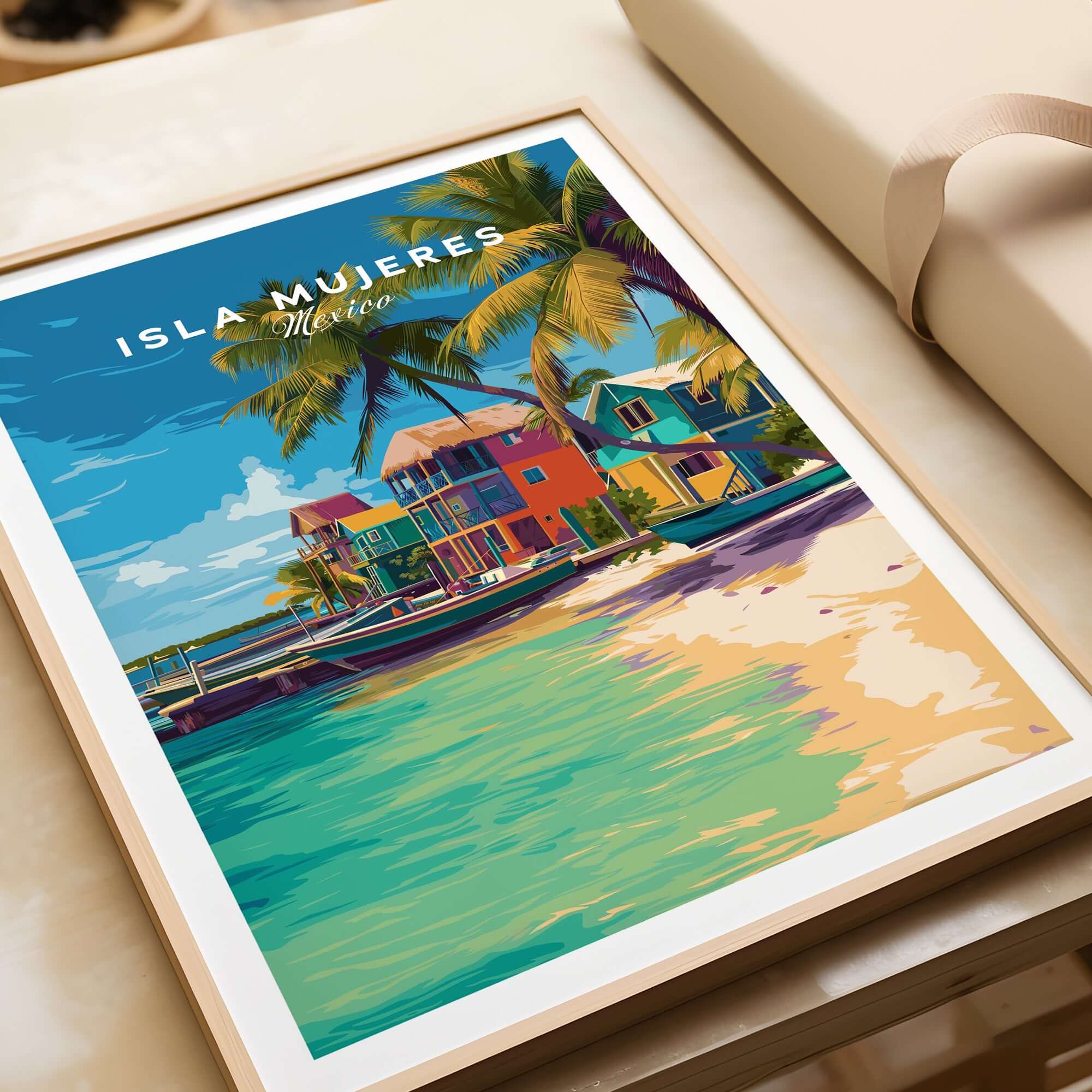 Isla Mujeres Travel Print - Mexico Beach Wall Art featuring vibrant beach scene with palm trees and colorful houses.