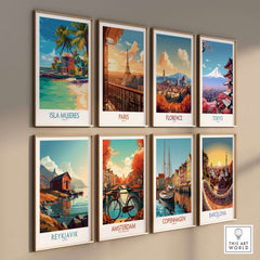 Isla Mujeres Beach Poster - Mexico Colorful Cabana Art Print - Tropical Wall Decor displayed among other city posters.