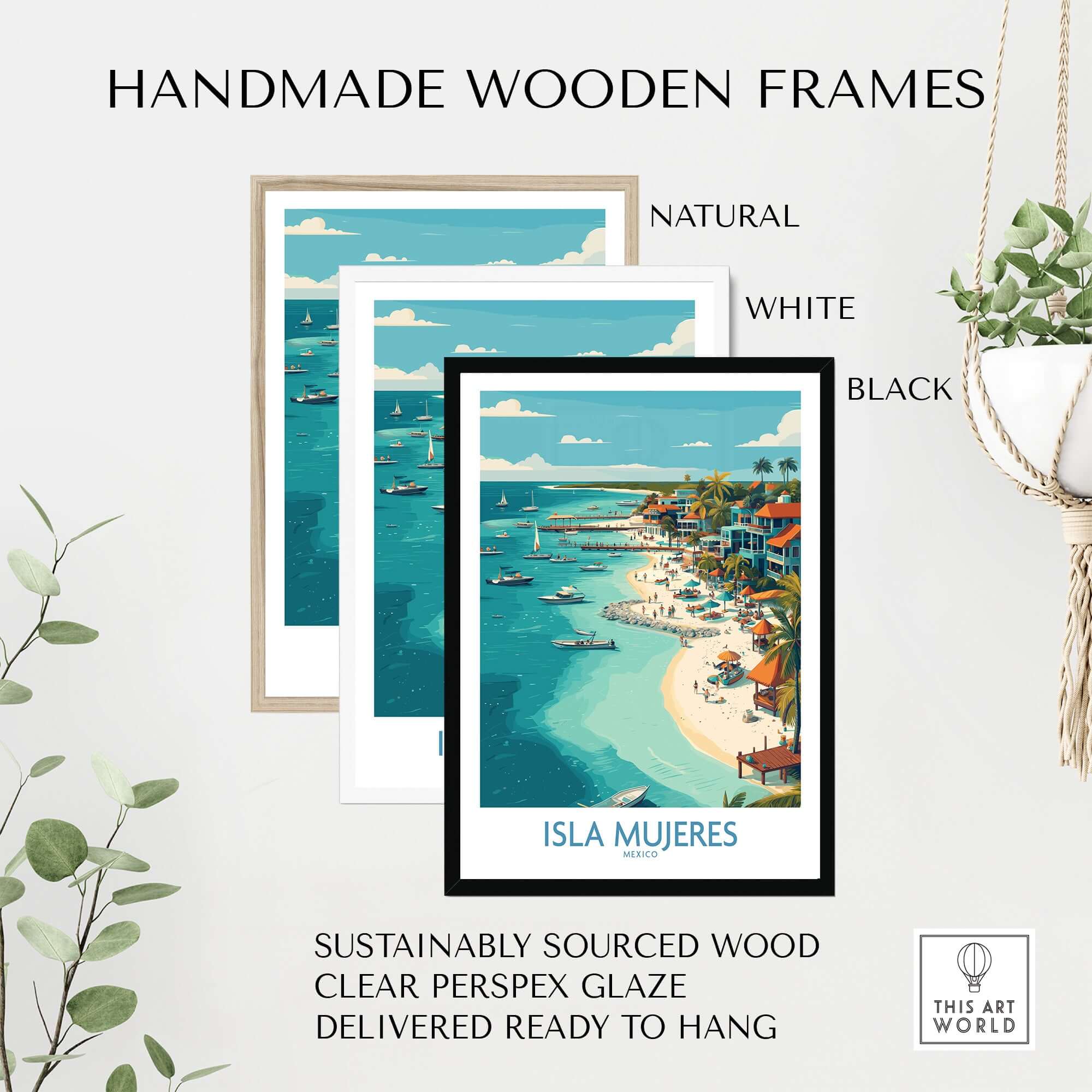 Isla Mujeres Poster - Mexico Travel Print - Coastal Town Wall Art framed in handmade wooden frames in natural, white, and black colors.