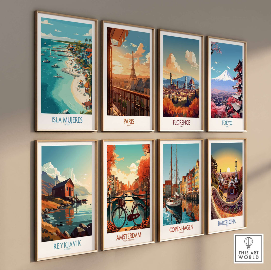 Collection of travel posters including Isla Mujeres, Paris, Florence, Tokyo, Reykjavik, Amsterdam, Copenhagen, and Barcelona.