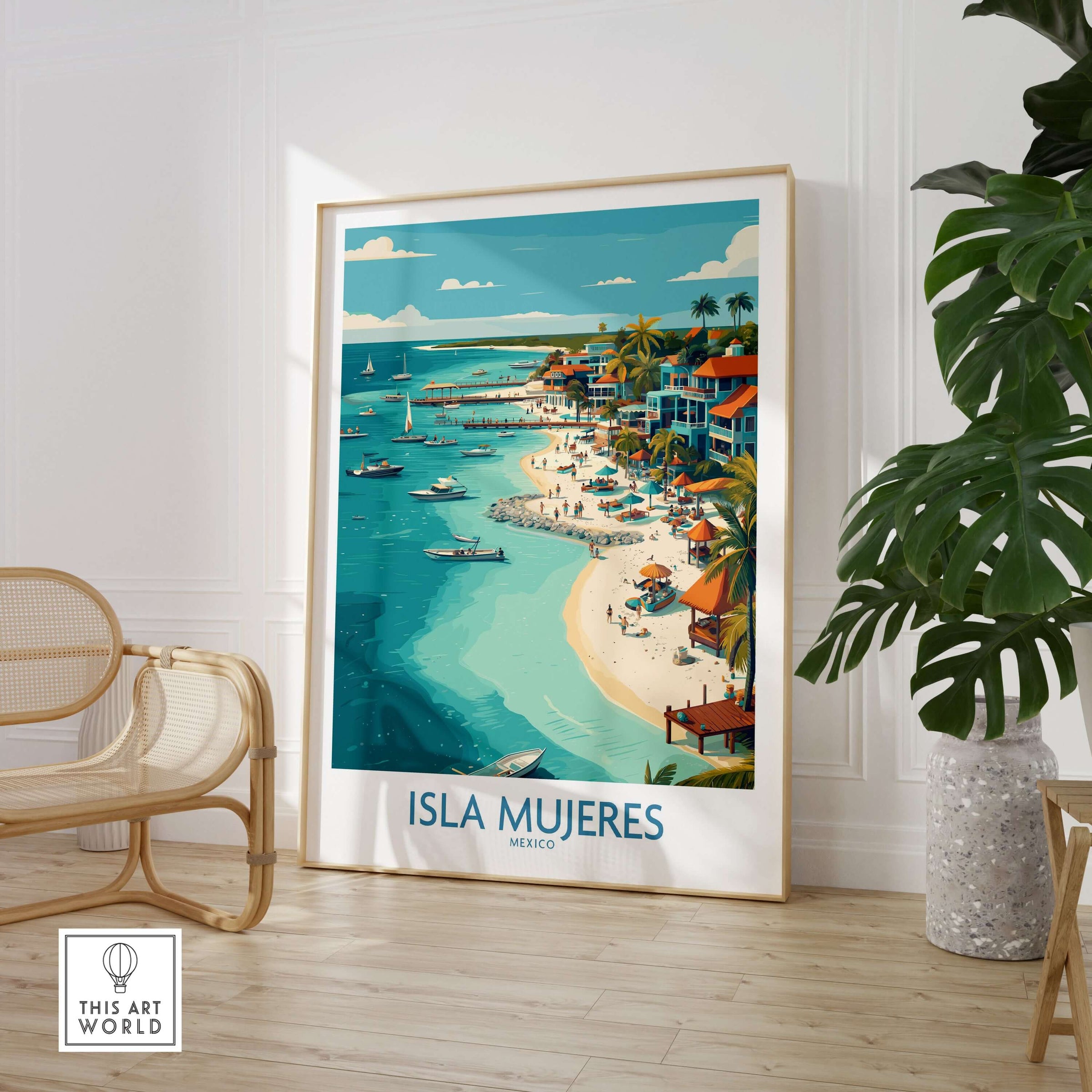 Isla Mujeres Poster - Mexico Travel Print - Coastal Town Wall Art featuring a serene beach and colorful buildings.