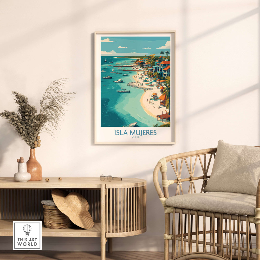 Isla Mujeres travel poster depicting colorful coastal buildings and serene seaside, perfect for wall art decor.