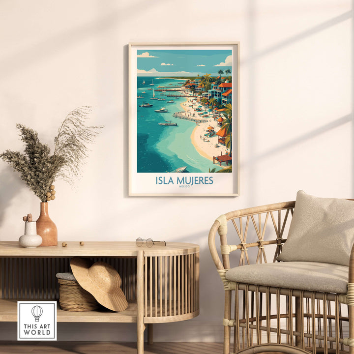 Isla Mujeres travel poster depicting colorful coastal buildings and serene seaside, perfect for wall art decor.