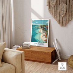 Isla Mujeres Poster - Mexico Travel Print - Coastal Town Wall Art displayed in a stylish living room setting.