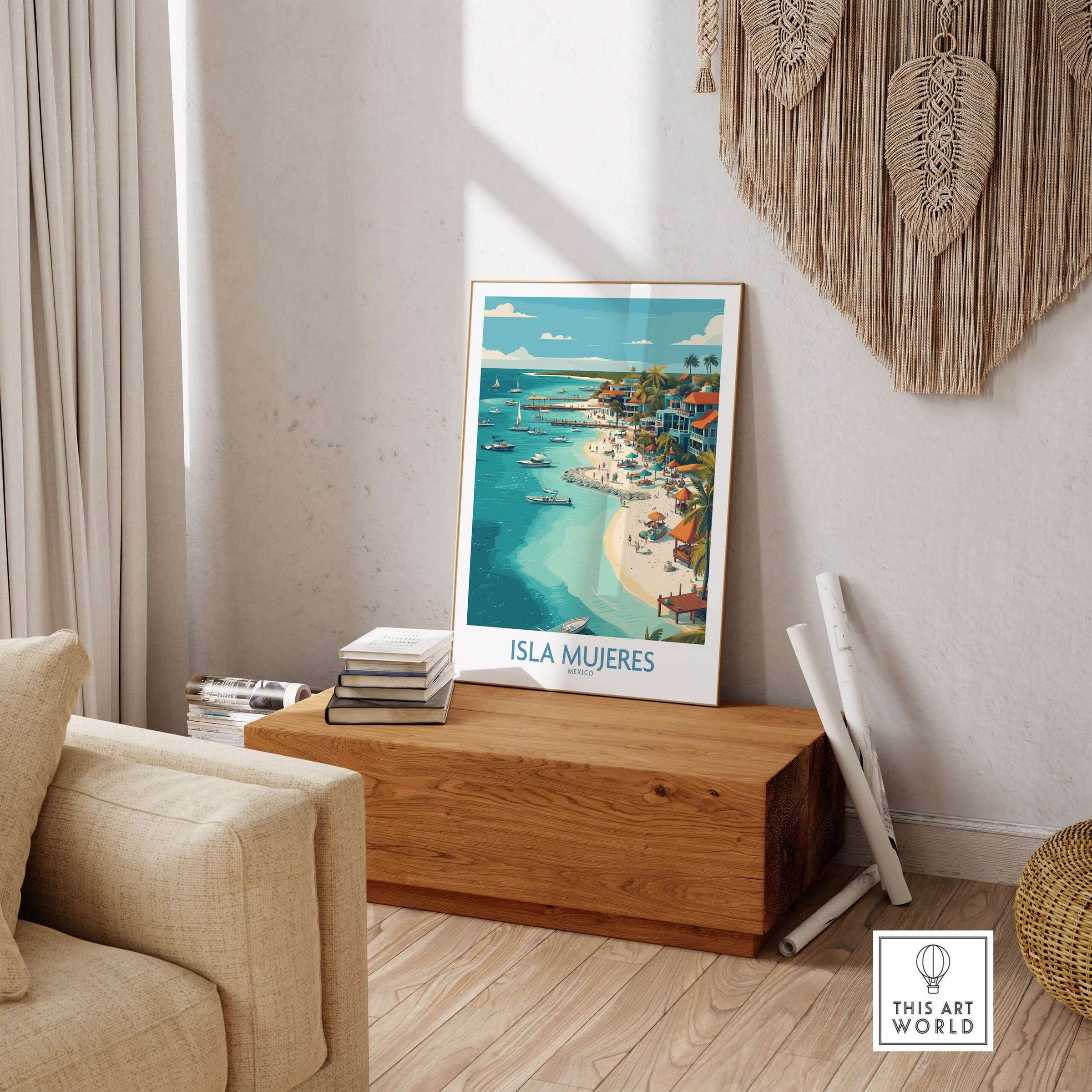 Isla Mujeres Poster - Mexico Travel Print - Coastal Town Wall Art displayed in a stylish living room setting.