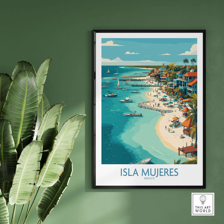Isla Mujeres poster showcasing colorful coastal town and serene seaside view, ideal wall art for travel enthusiasts.