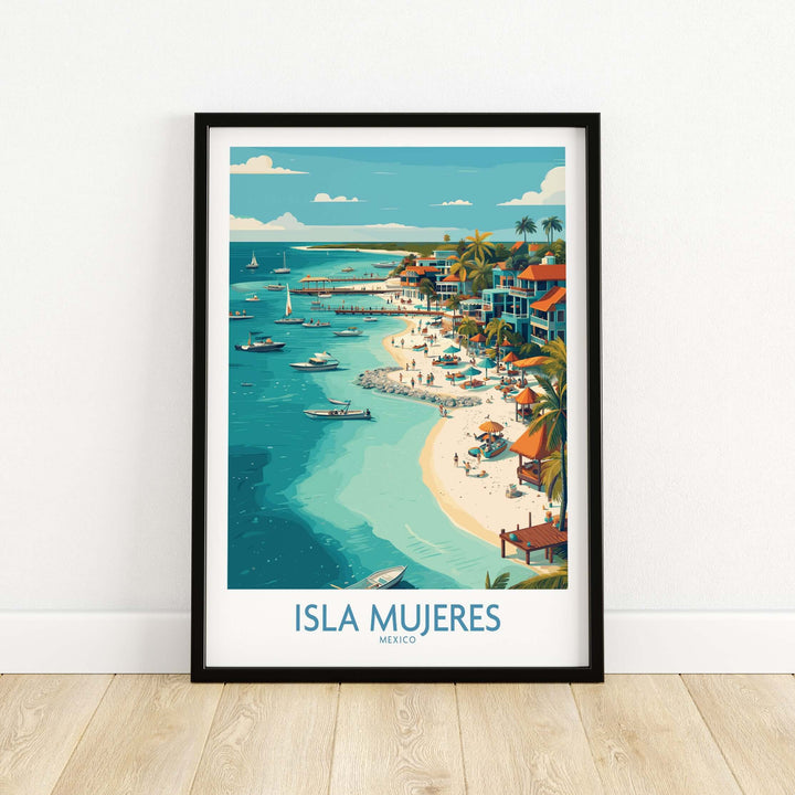 Isla Mujeres poster featuring colorful coastal buildings and serene beach scene in Mexico.