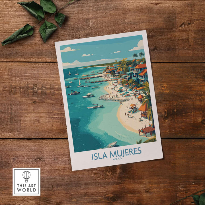 Isla Mujeres poster print featuring colorful coastal scene of Mexico with boats and beach on wooden background.