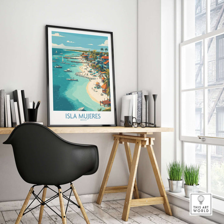 Isla Mujeres travel poster art displaying colorful coastal scenery in a modern workspace setting.