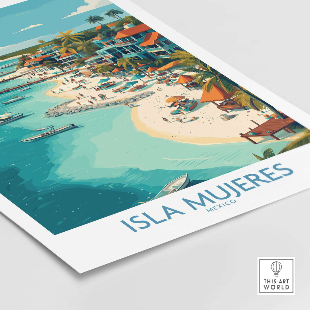 Isla Mujeres poster showcasing vibrant coastal town, colorful buildings, and serene beach scene in Mexico.