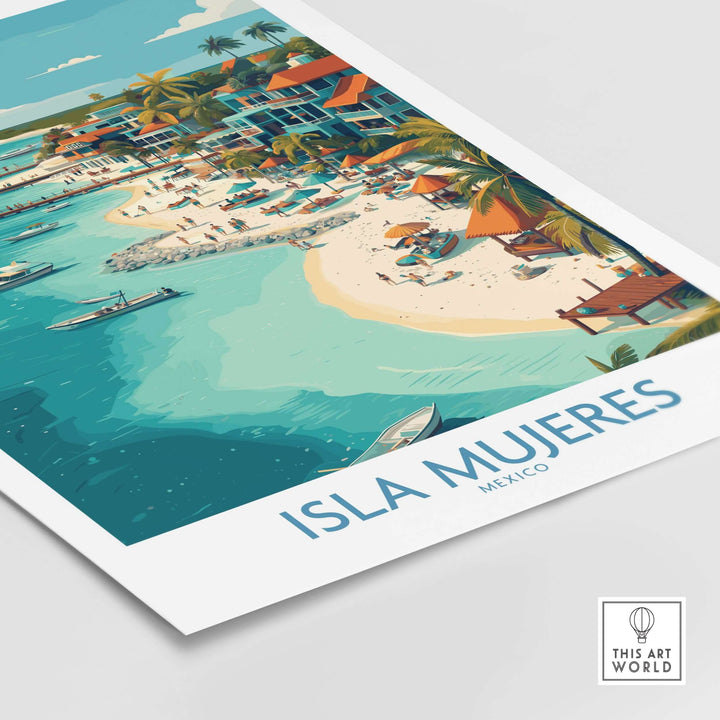Isla Mujeres poster showcasing vibrant coastal town, colorful buildings, and serene beach scene in Mexico.