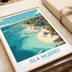 Isla Mujeres Poster - Mexico Travel Print - Coastal Town Wall Art featuring a vibrant coastal scene with buildings and boats.