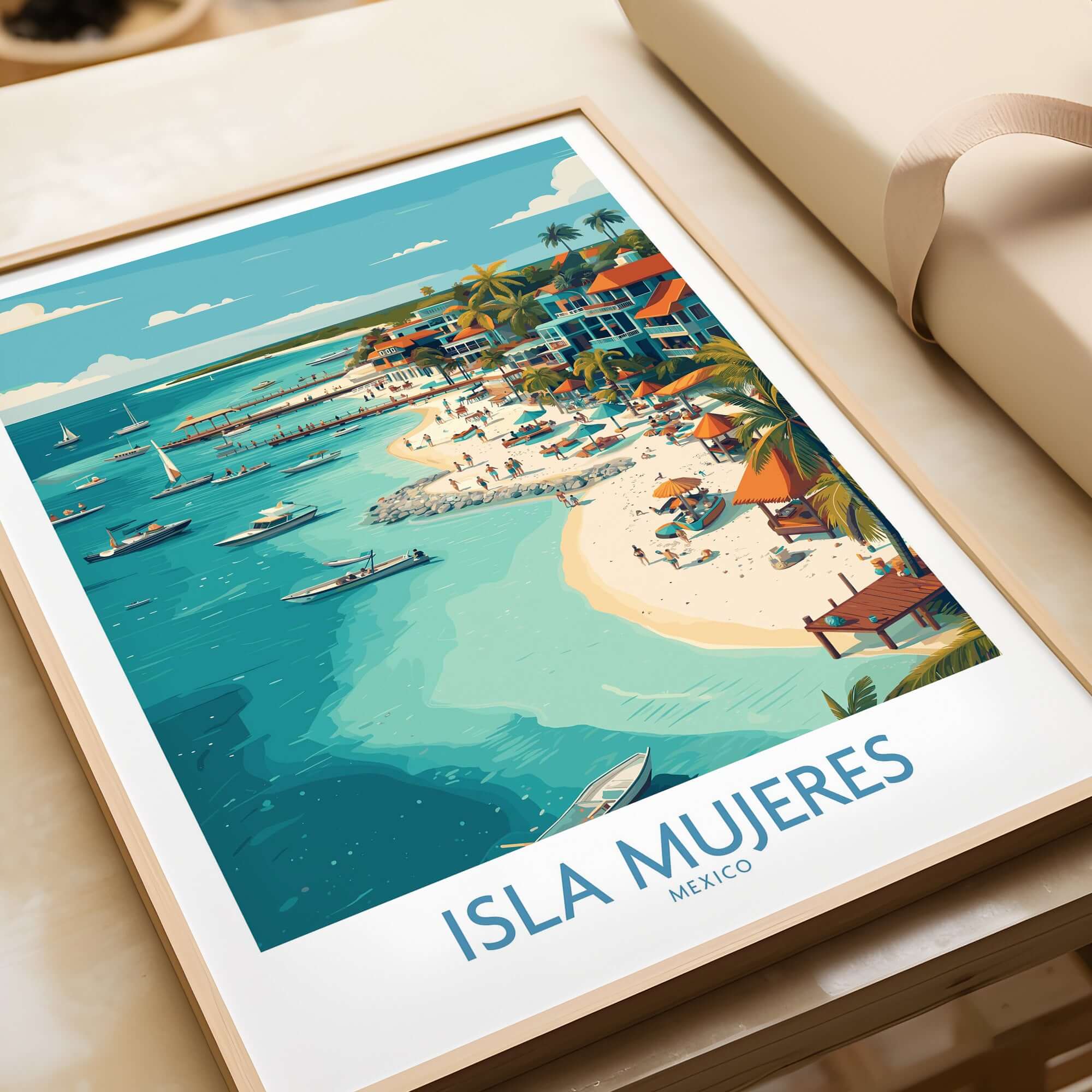Isla Mujeres Poster - Mexico Travel Print - Coastal Town Wall Art featuring a vibrant coastal scene with buildings and boats.