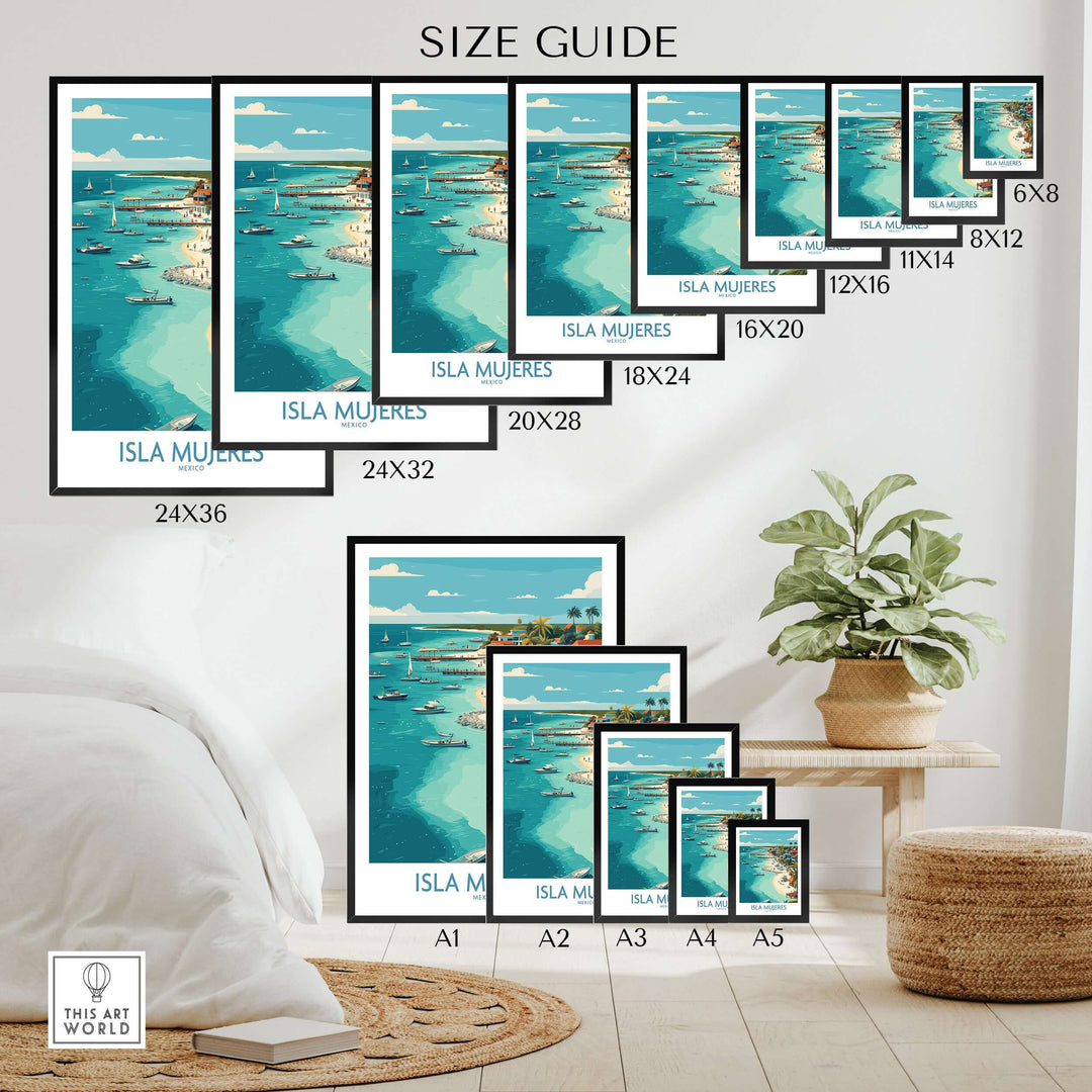 Size guide for Isla Mujeres poster prints in various dimensions, showcasing coastal town art and decor.